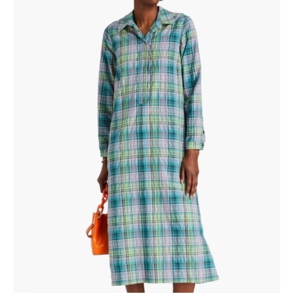 Ganni Seersucker Check Shirt Dress Womens 34 Lagoon Green Plaid Cottage Preppy